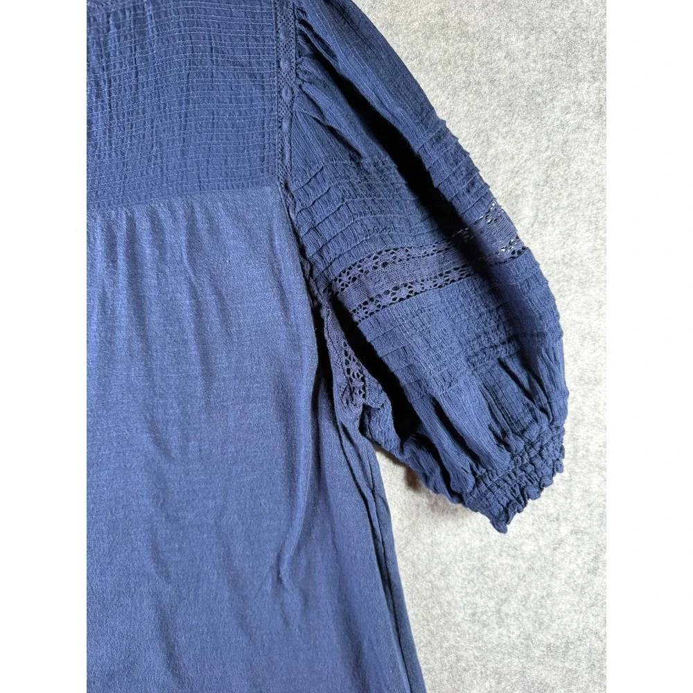 LOFT Navy‎ Blue Pintuck Eyelet Puff Sleeve Knit Top Medium
